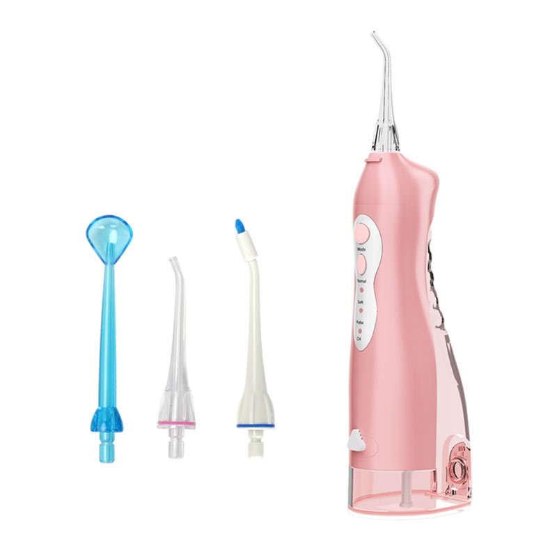 Rechargeable Dental Water Jet Oral Irrigator with USB charging, featuring a water tank and multiple nozzles for effective oral hygiene.