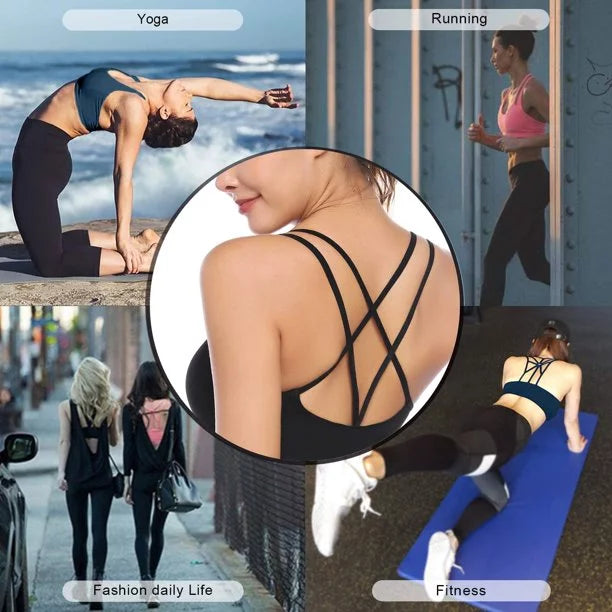 A stylish Dual Strap Cross Back Sports Bra featuring padded support, designed for high-intensity workouts and yoga, showcasing a crisscross back design.