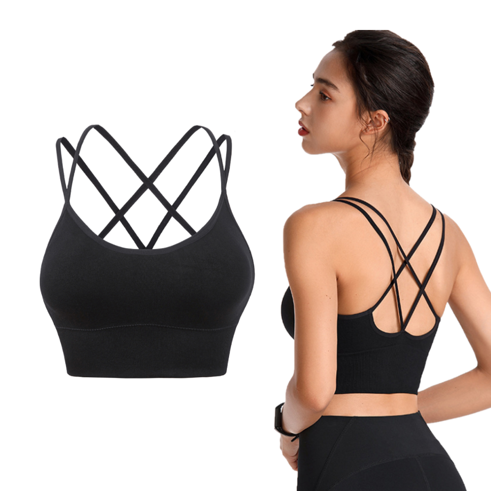 A stylish Dual Strap Cross Back Sports Bra featuring padded support, designed for high-intensity workouts and yoga, showcasing a crisscross back design.
