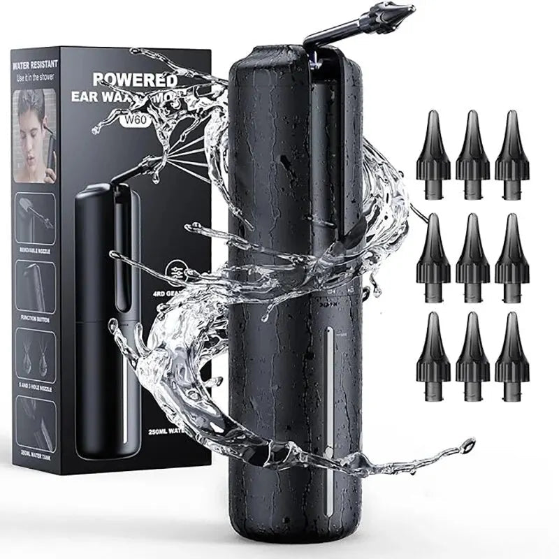 Rechargeable ear wax removal kit with multiple nozzles and a sleek design, ideal for safe ear cleaning.