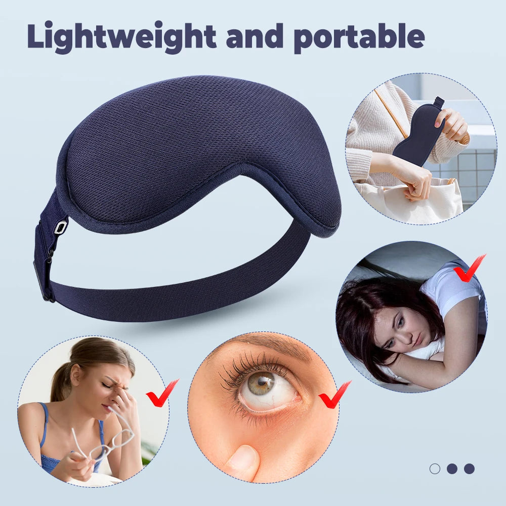 Electric 3D Eye Mask in dark blue, featuring a sleek design with a breathable mesh for comfort and a controller for smart timing massage.