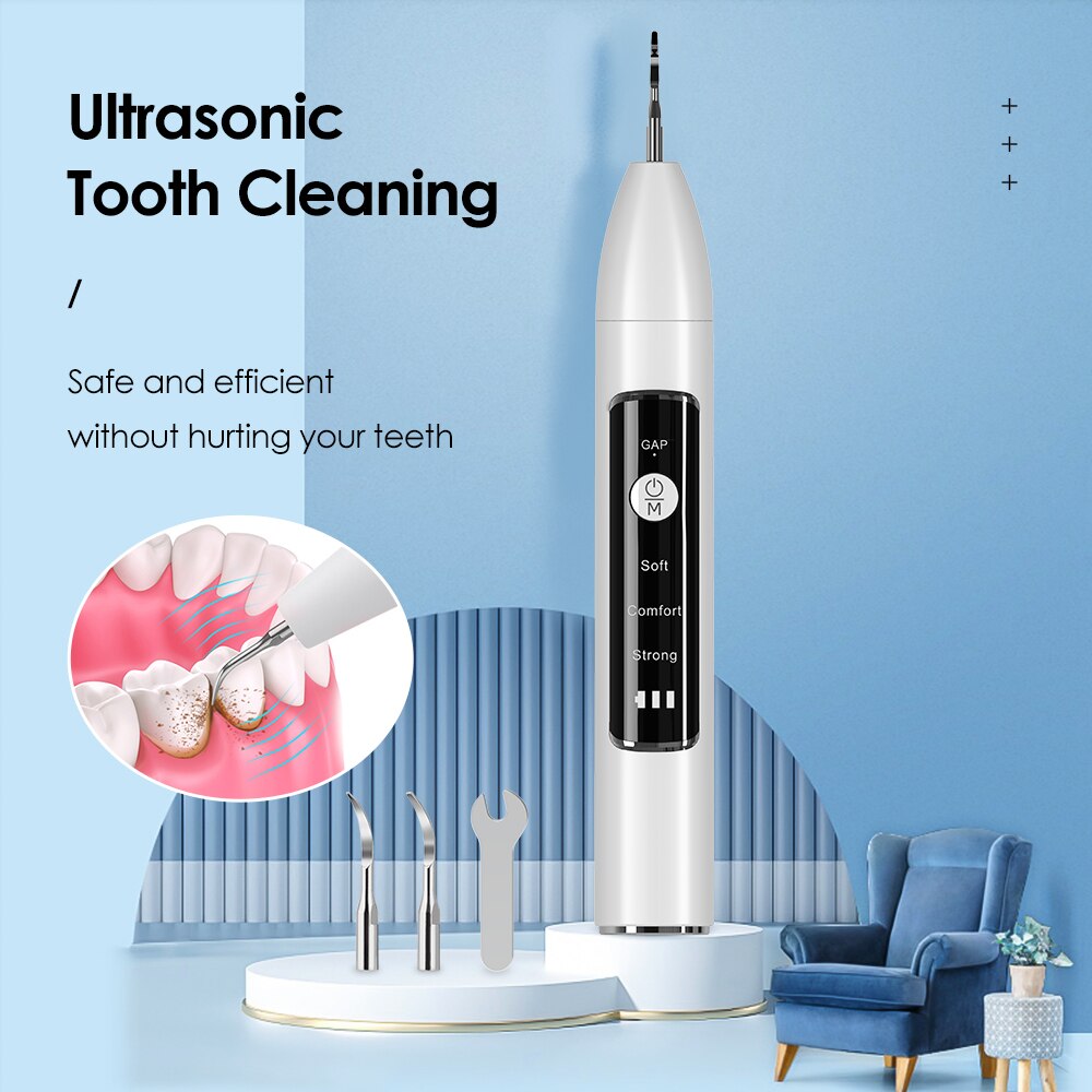 Electric Dental Tartar Scraper Ultrasonic Dental Scaler with multiple cleaning tips and charging cable, designed for effective teeth cleaning.