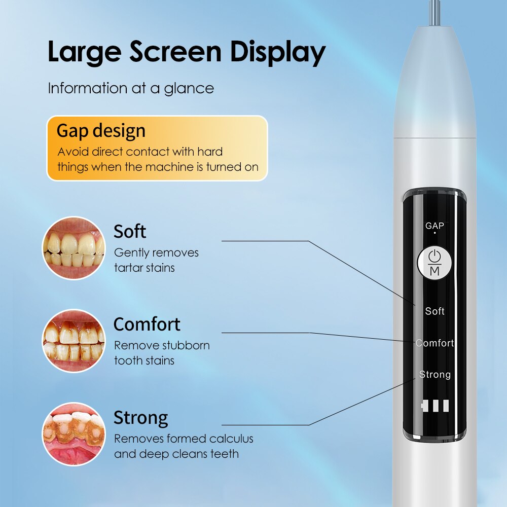 Electric Dental Tartar Scraper Ultrasonic Dental Scaler with multiple cleaning tips and charging cable, designed for effective teeth cleaning.