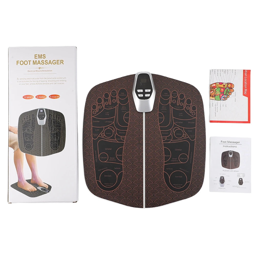 Electric EMS Foot Massager Pad in brown color, showcasing its foldable design and remote control for easy use.