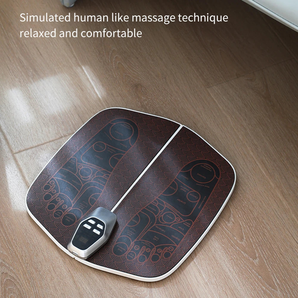 Electric EMS Foot Massager Pad in brown color, showcasing its foldable design and remote control for easy use.