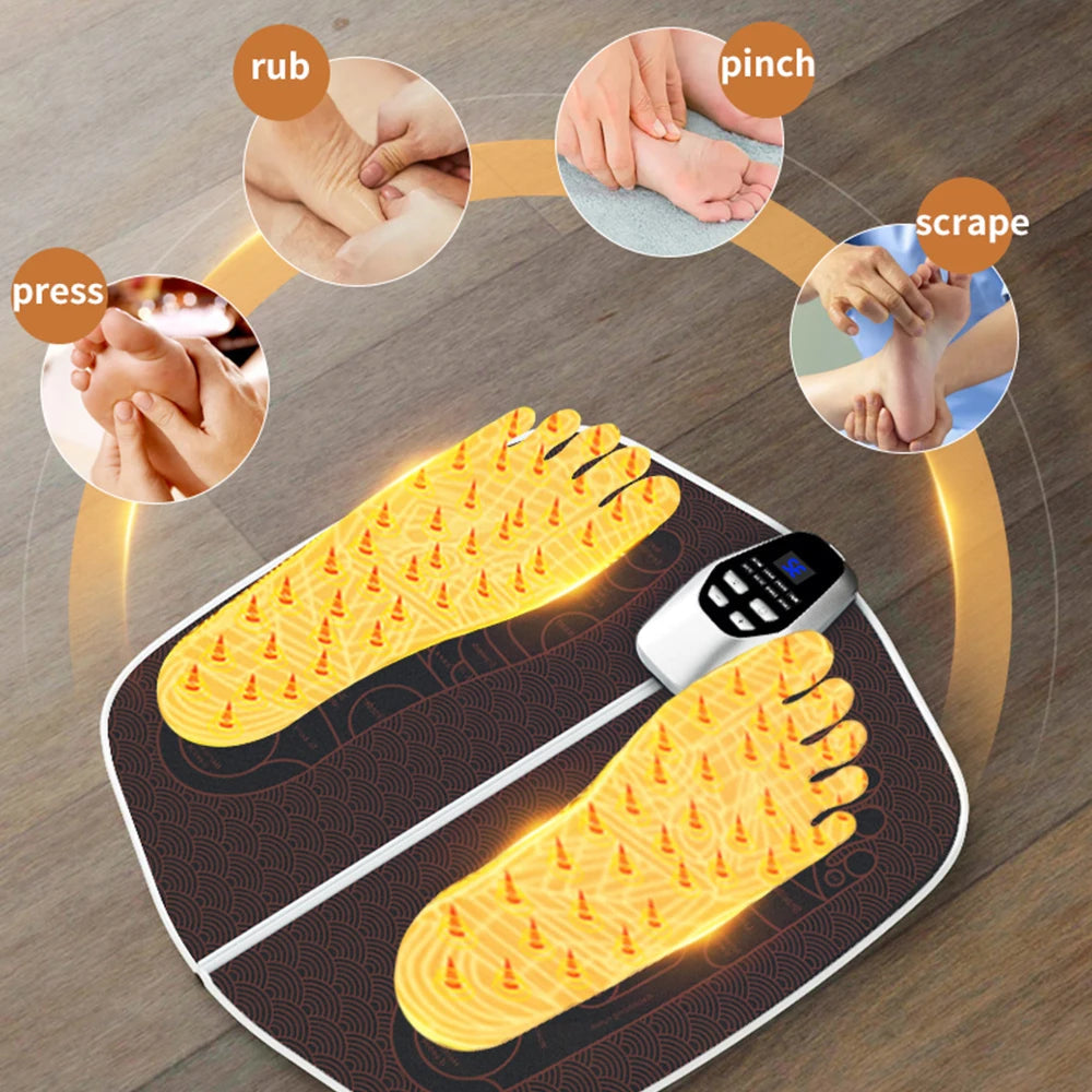 Electric EMS Foot Massager Pad in brown color, showcasing its foldable design and remote control for easy use.