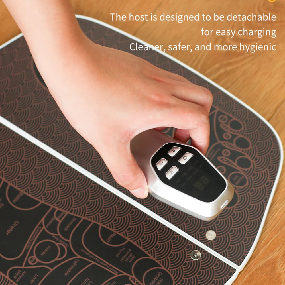 Electric EMS Foot Massager Pad in brown color, showcasing its foldable design and remote control for easy use.