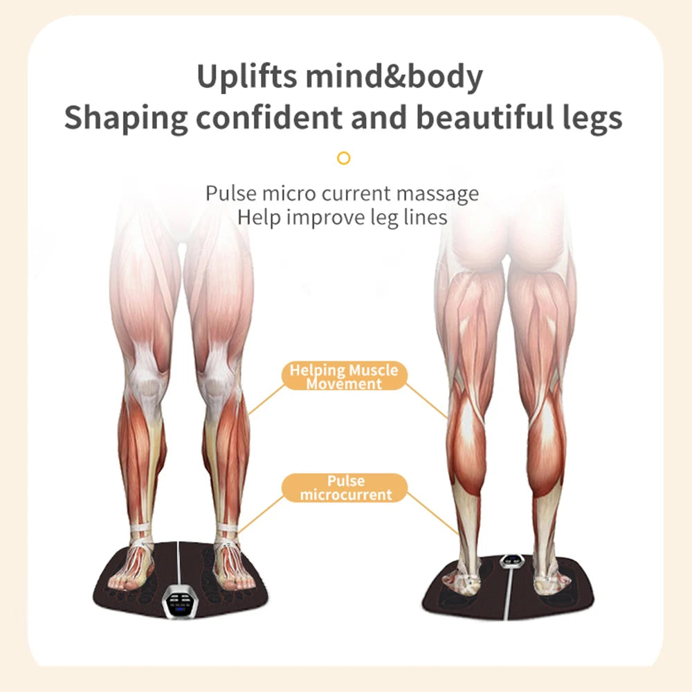 Electric EMS Foot Massager Pad in brown color, showcasing its foldable design and remote control for easy use.