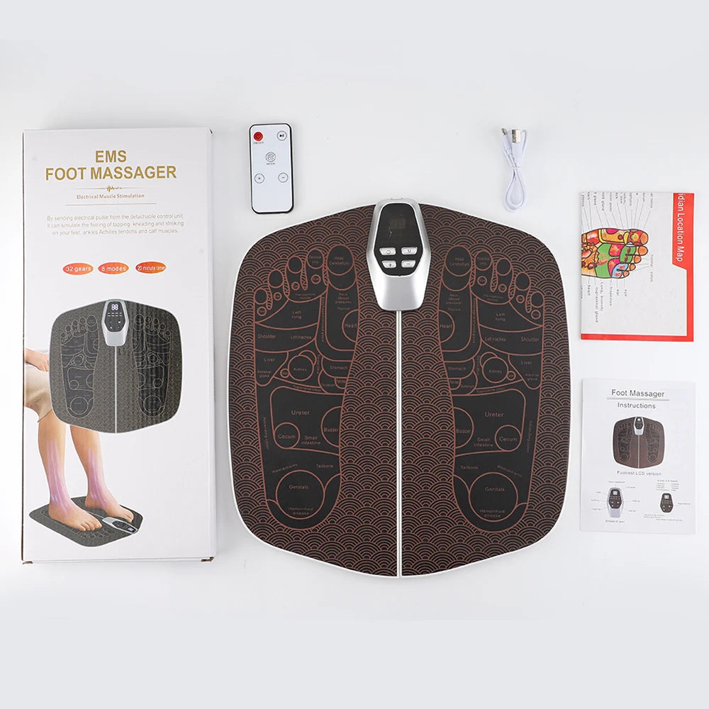 Electric EMS Foot Massager Pad in brown color, showcasing its foldable design and remote control for easy use.