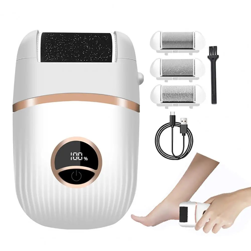 Electric Foot Callus Remover Kit with LED display, rechargeable design, and three replacement grinding heads for effective foot care.