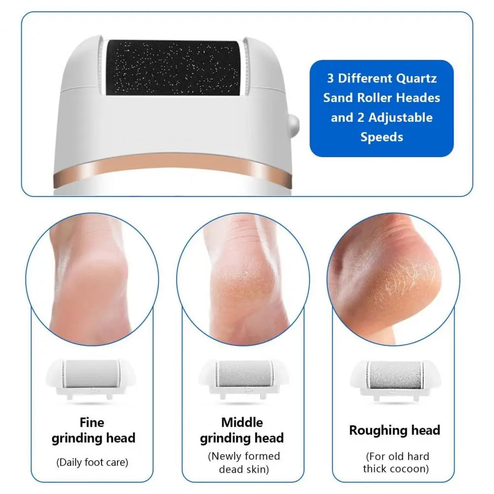 Electric Foot Callus Remover Kit with LED display, rechargeable design, and three replacement grinding heads for effective foot care.
