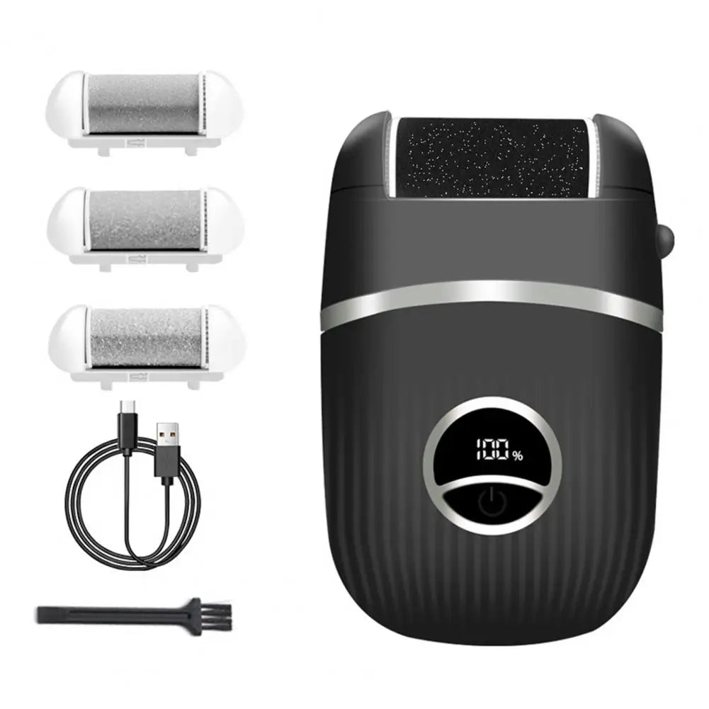 Electric Foot Callus Remover Kit with LED display, rechargeable design, and three replacement grinding heads for effective foot care.