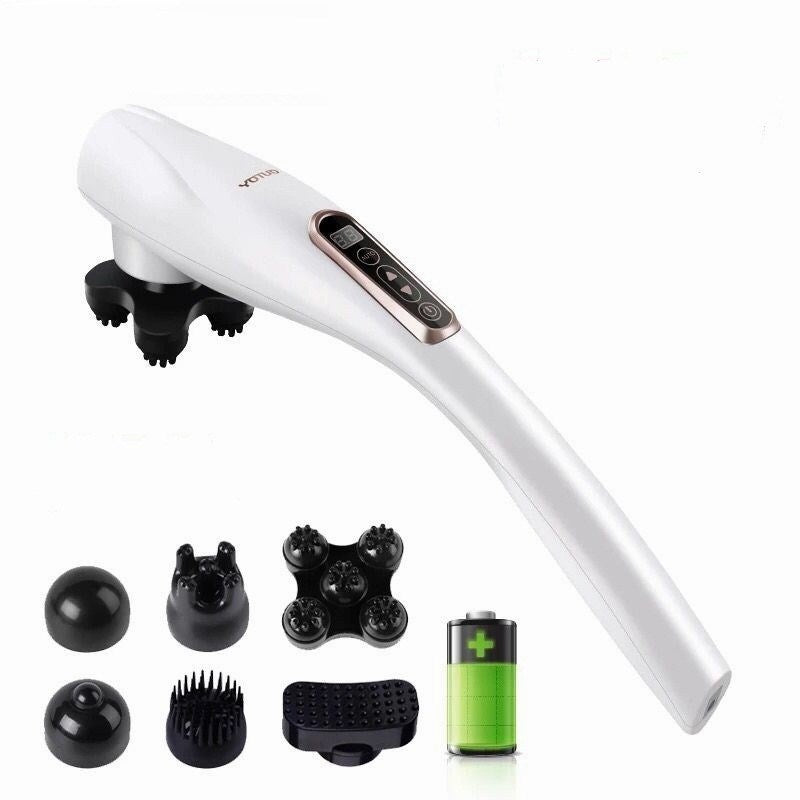 Electric Handheld Massager with 6 interchangeable heads, designed for ergonomic comfort and effective muscle relief.