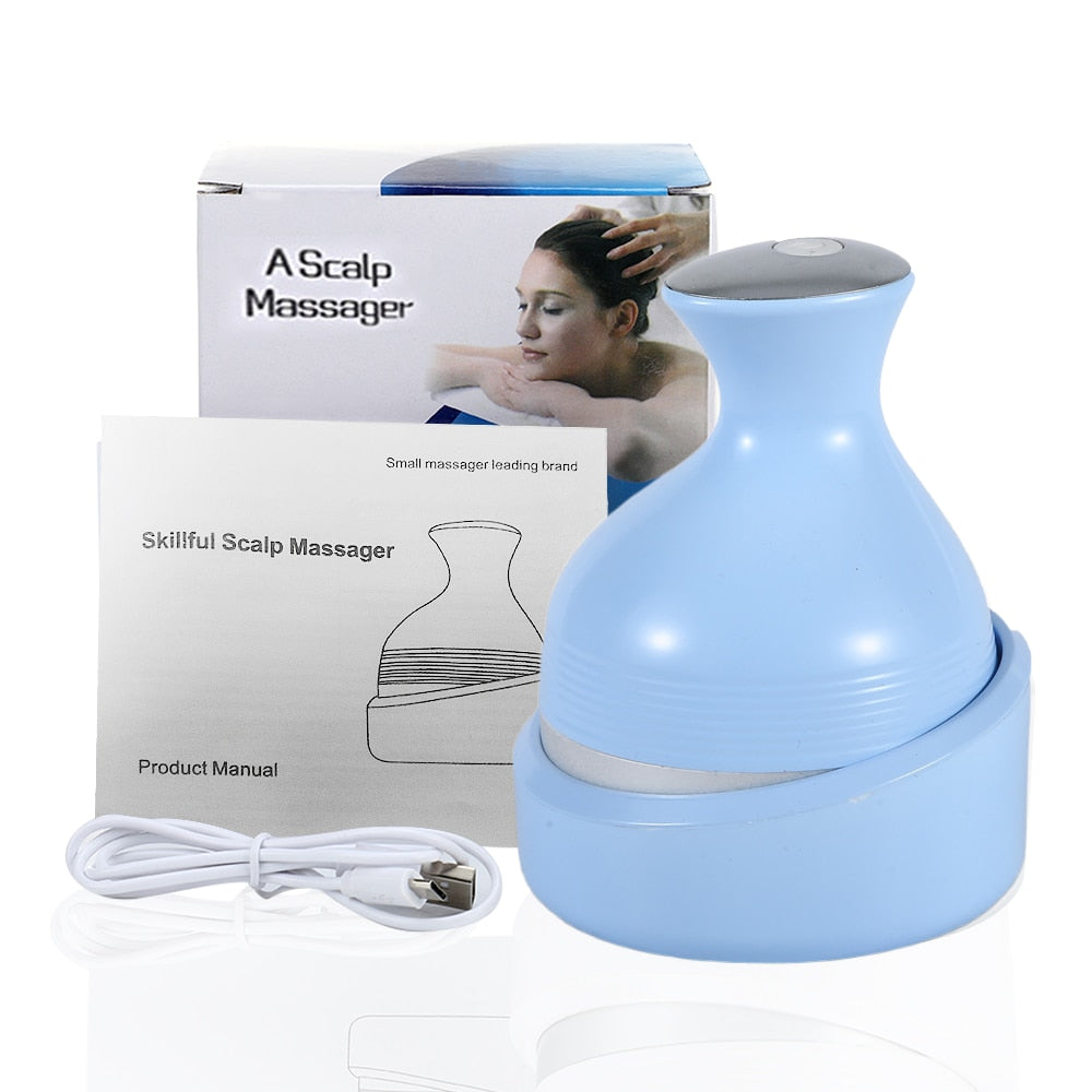 Electric Head Massage Device with 3D stereo massage heads for stress relief and scalp care, featuring a sleek white design.