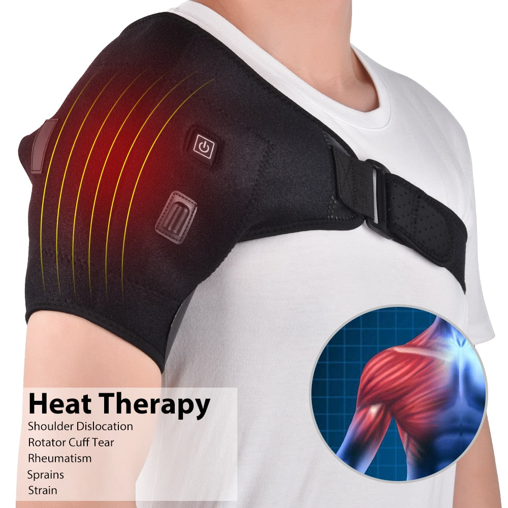 Electric Heat Therapy Adjustable Shoulder Brace designed for pain relief, featuring a built-in heat pad and adjustable straps for comfort.