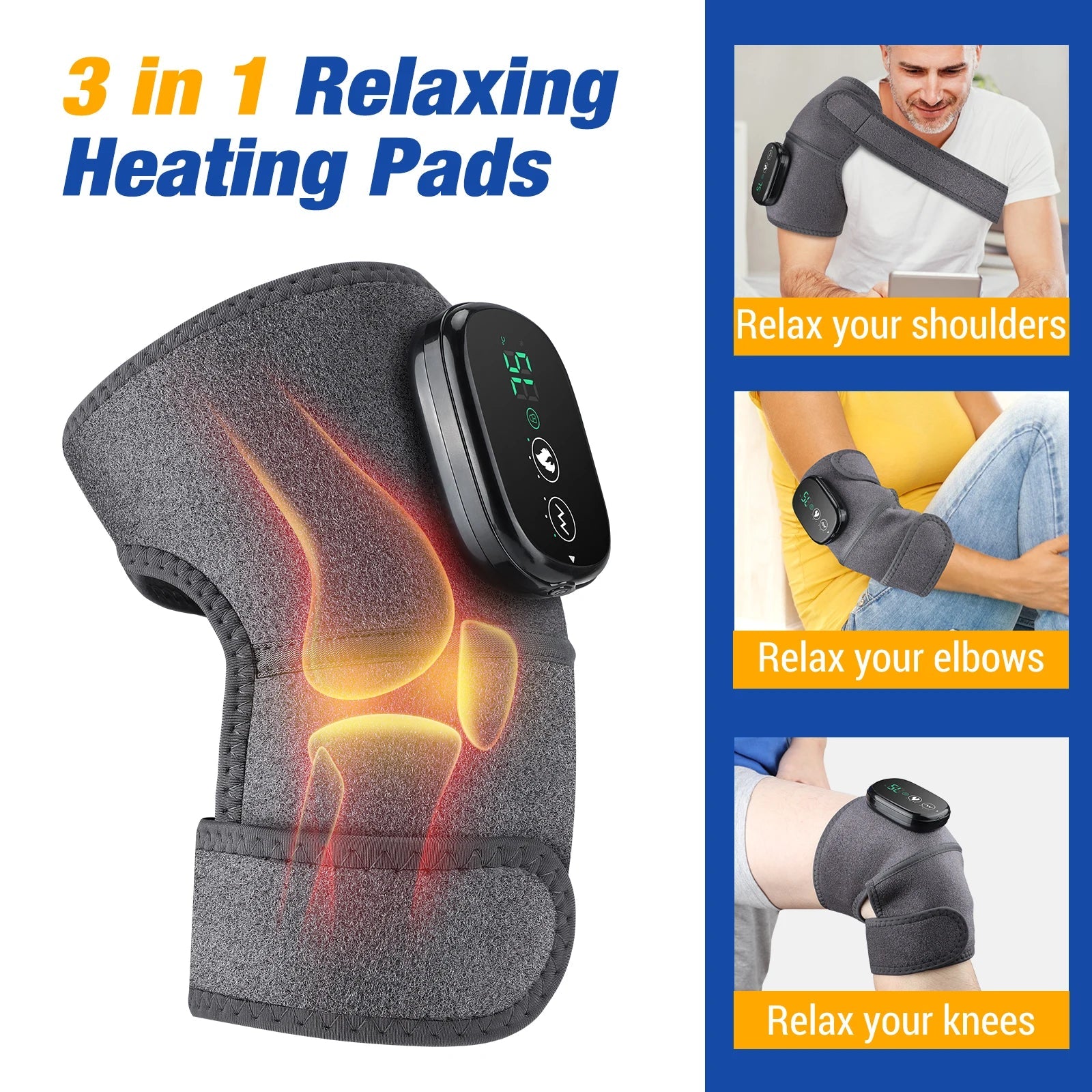 Electric Heating Knee Shoulder Massager Pad Brace with LED vibrators, designed for pain relief and muscle relaxation.