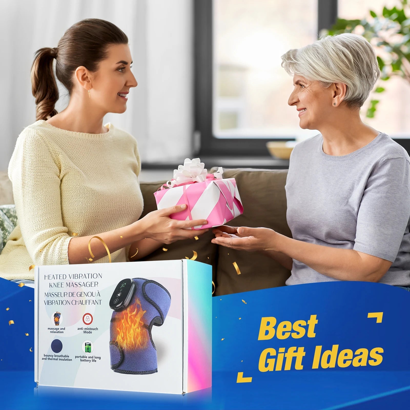 Electric Heating Knee Shoulder Massager Pad Brace with LED vibrators, designed for pain relief and muscle relaxation.