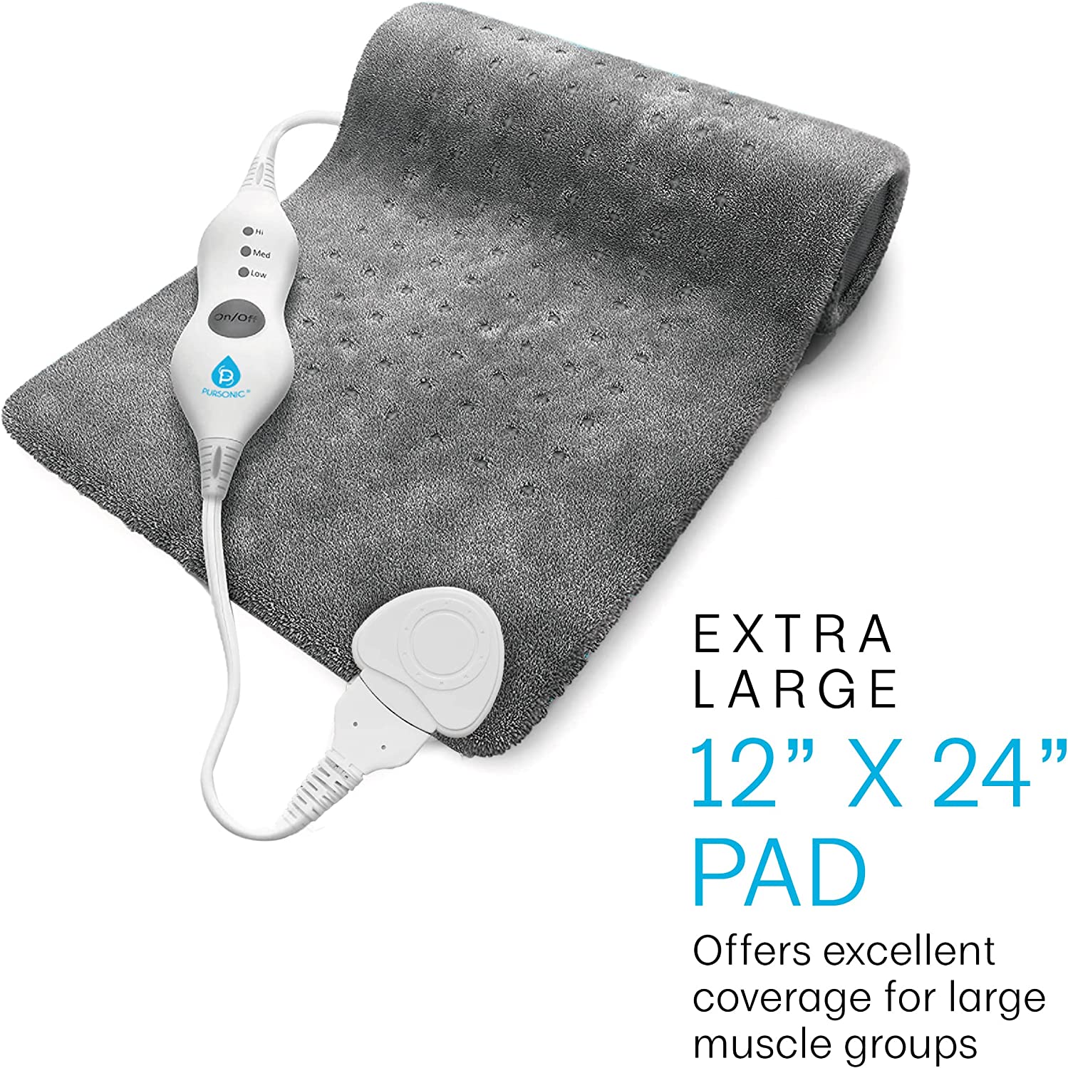 Electric Heating Pad in grey and teal colors, showcasing its soft microplush fabric and large size for full body therapy.