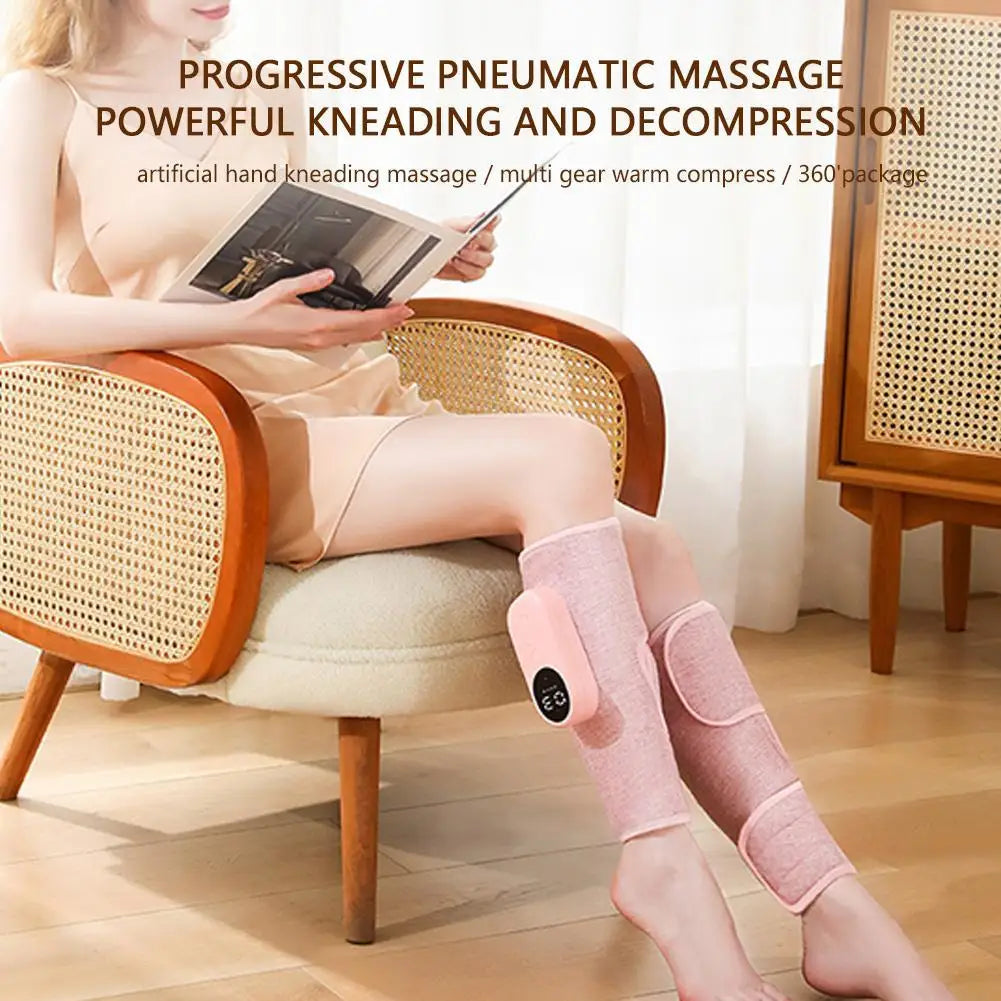 Electric Leg Massager with heat compression, designed for calf and muscle relief, featuring breathable mesh and anti-fouling linen.