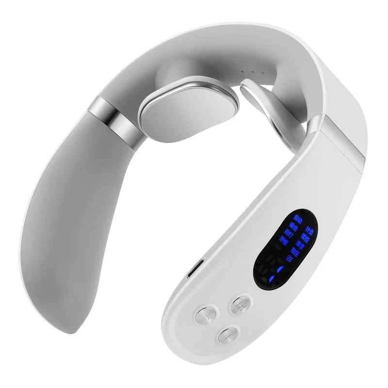Electric Neck Massager with heat and vibration features, showcasing its ergonomic design and control buttons.
