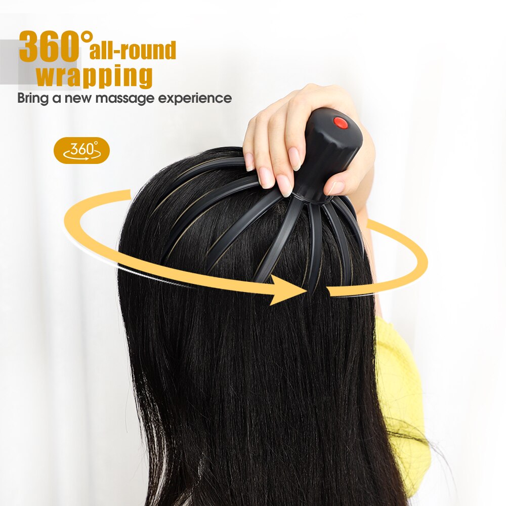 Electric Octopus 12 Claws Scalp Massager in black, featuring 12 independent massage claws and a USB charging port.