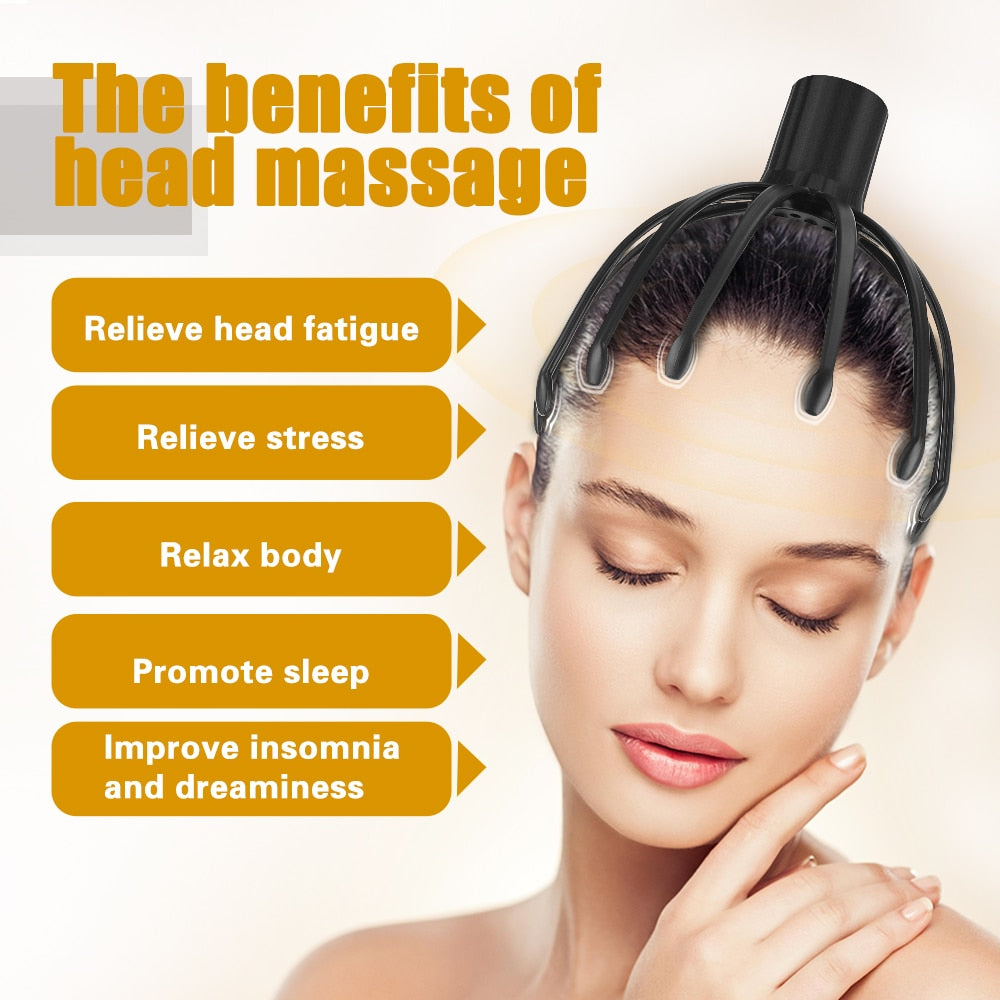 Electric Octopus 12 Claws Scalp Massager in black, featuring 12 independent massage claws and a USB charging port.