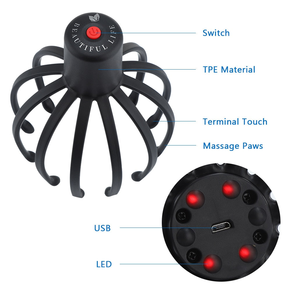 Electric Octopus Claw Scalp Massager in black, featuring 12 flexible massage arms and USB charging port for stress relief and hair stimulation.
