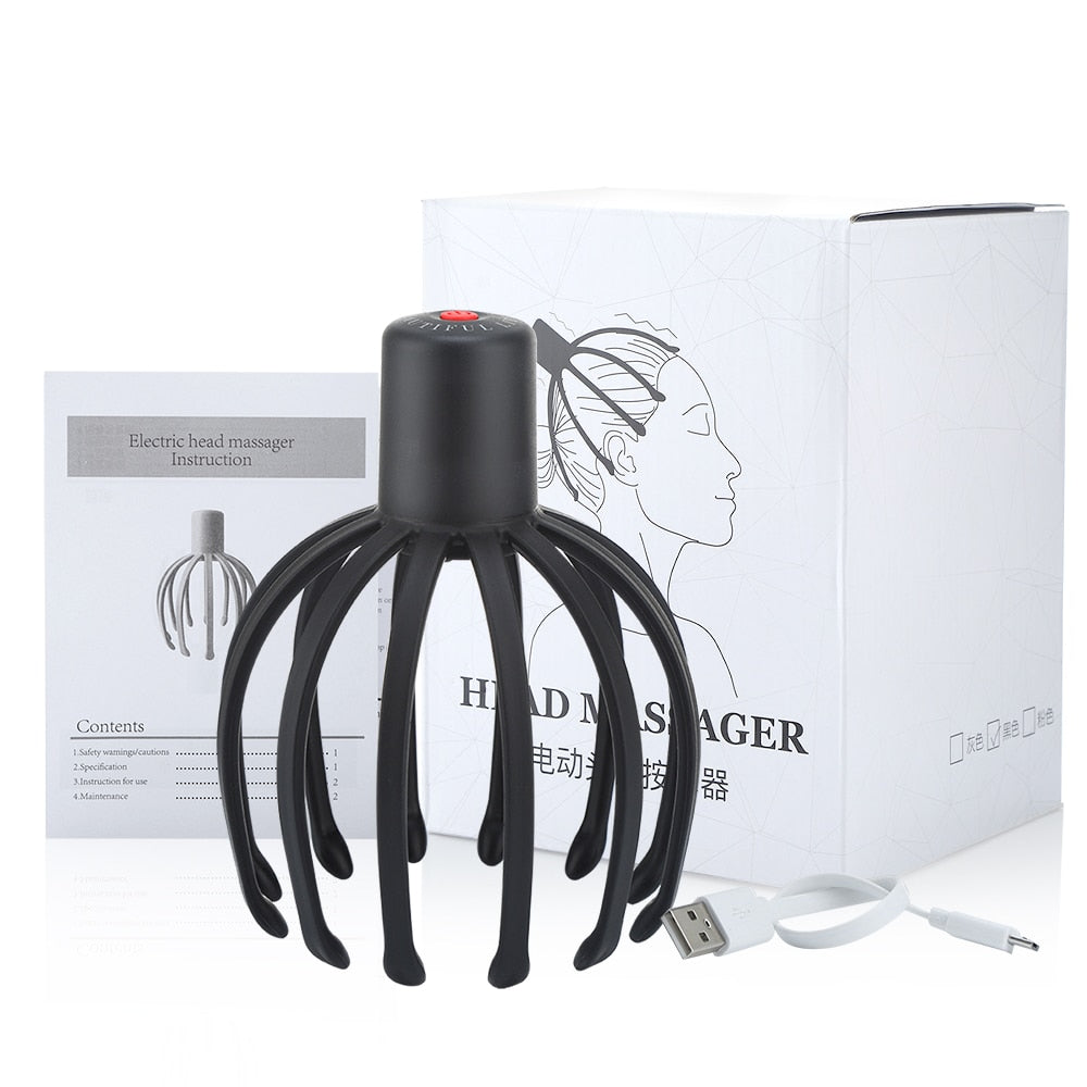 Electric Octopus Claw Scalp Massager in black, featuring 12 flexible massage arms and USB charging port for stress relief and hair stimulation.