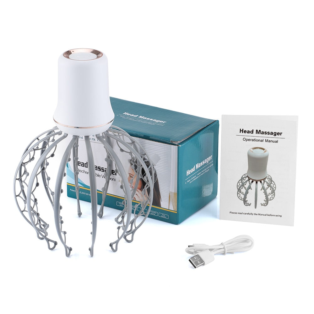 Electric Octopus Claw Scalp Massager in black, featuring 12 flexible massage arms and USB charging port for stress relief and hair stimulation.