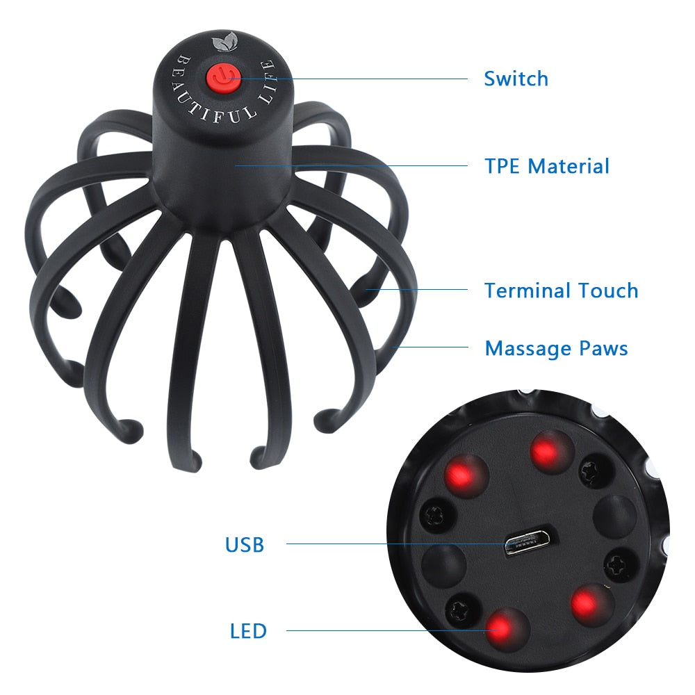 Electric Octopus Claw Scalp Massager with 12 flexible arms for stress relief and hair stimulation, USB rechargeable with LED lights.