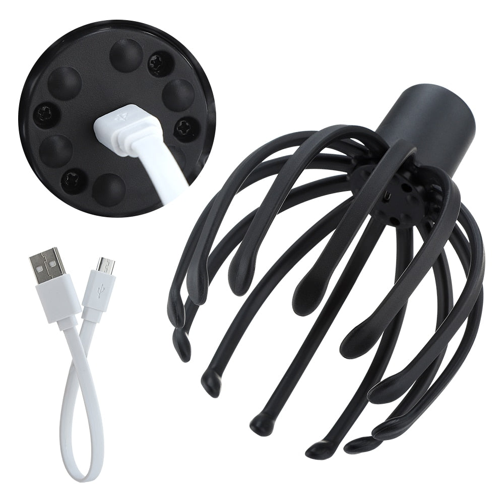 Electric Octopus Claw Scalp Massager with 12 flexible arms for stress relief and hair stimulation, USB rechargeable with LED lights.