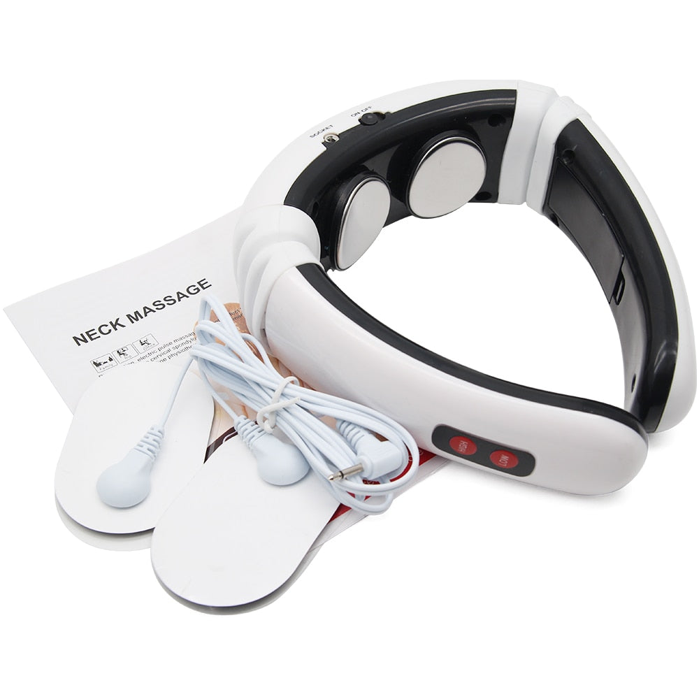 Electric Pulse Back and Neck Massager with far infrared heating, designed for pain relief and relaxation, featuring adjustable modes and strength levels.