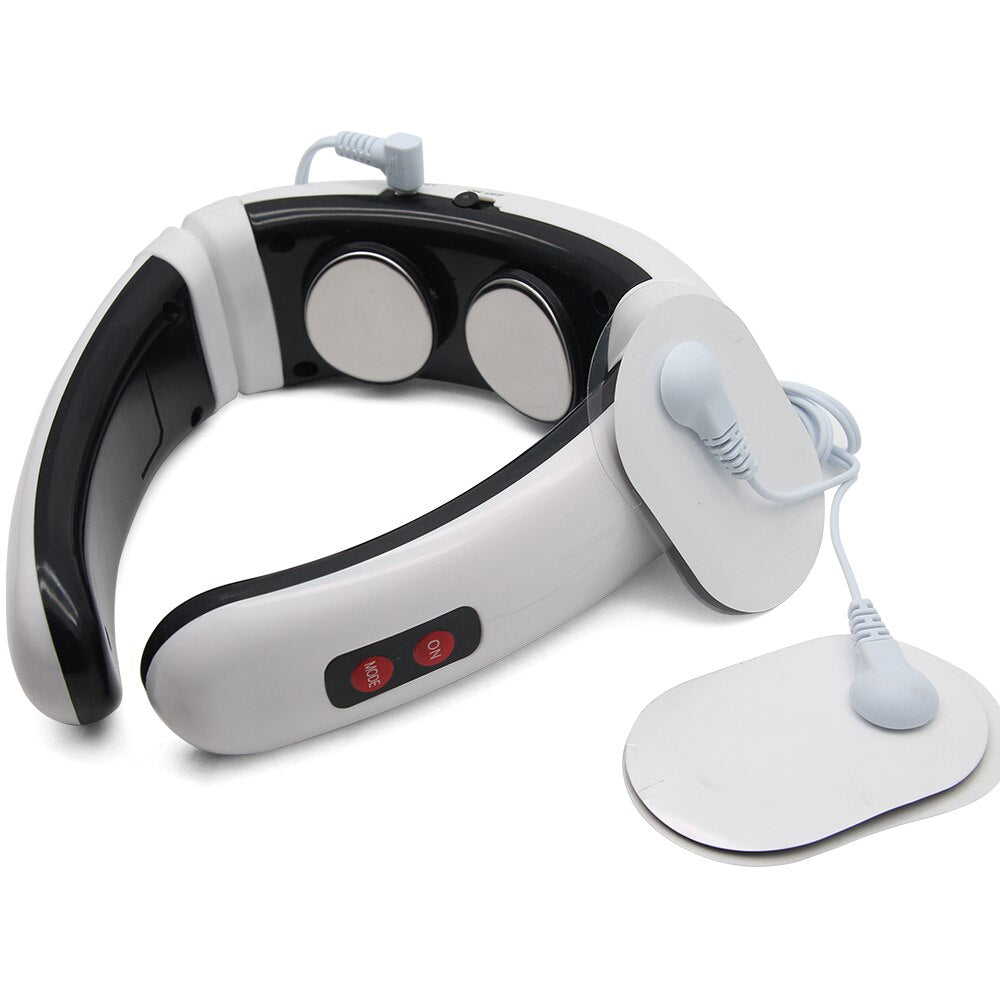 Electric Pulse Back and Neck Massager with far infrared heating, designed for pain relief and relaxation, featuring adjustable modes and strength levels.
