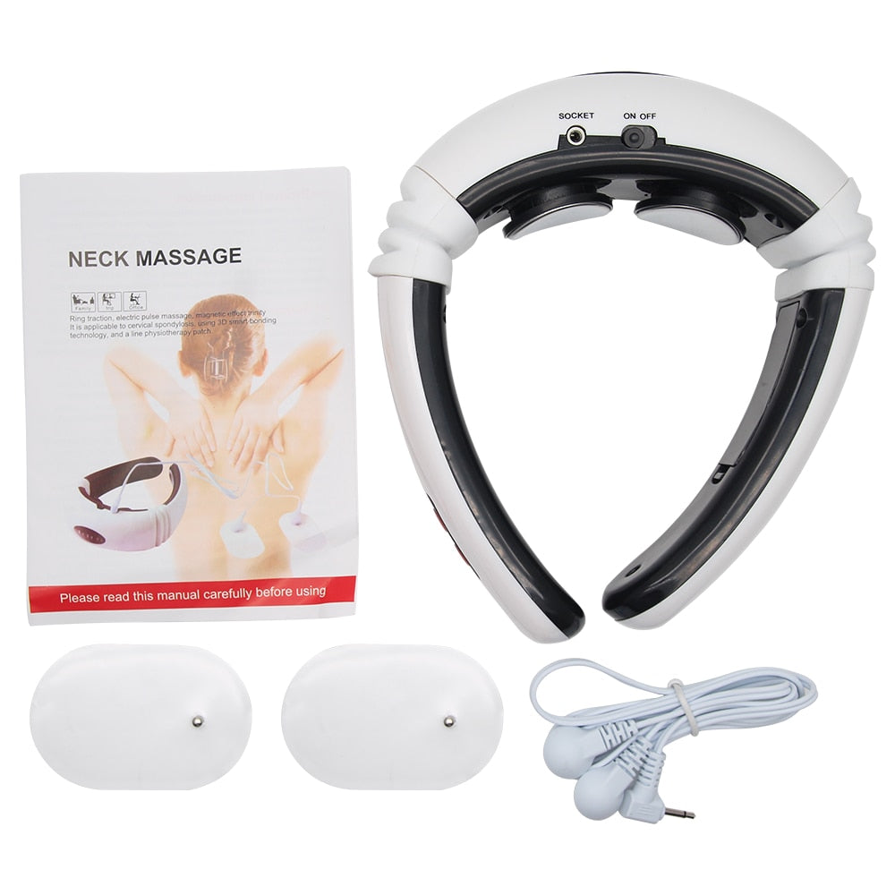 Electric Pulse Back and Neck Massager with far infrared heating, designed for pain relief and relaxation, featuring adjustable modes and strength levels.