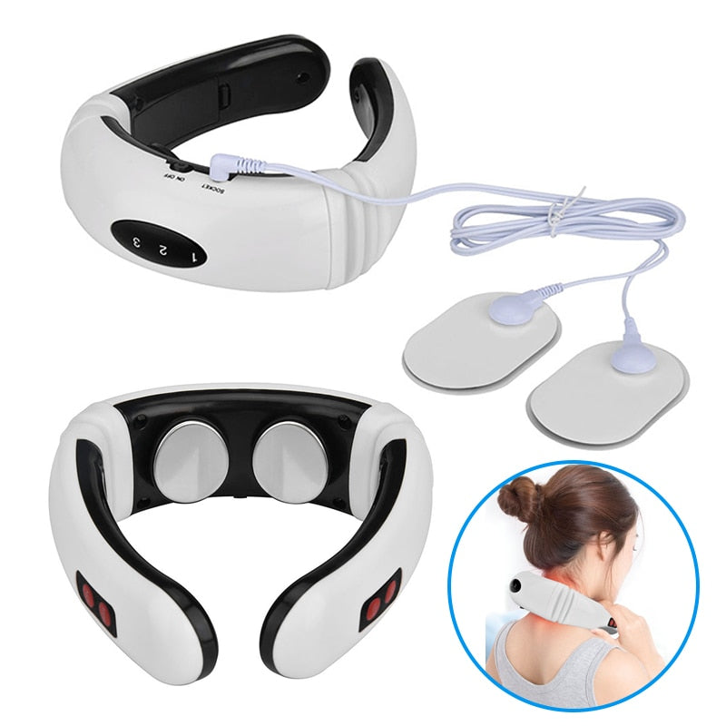 Electric Pulse Back and Neck Massager with far infrared heating, designed for pain relief and relaxation, featuring adjustable settings and massage pads.