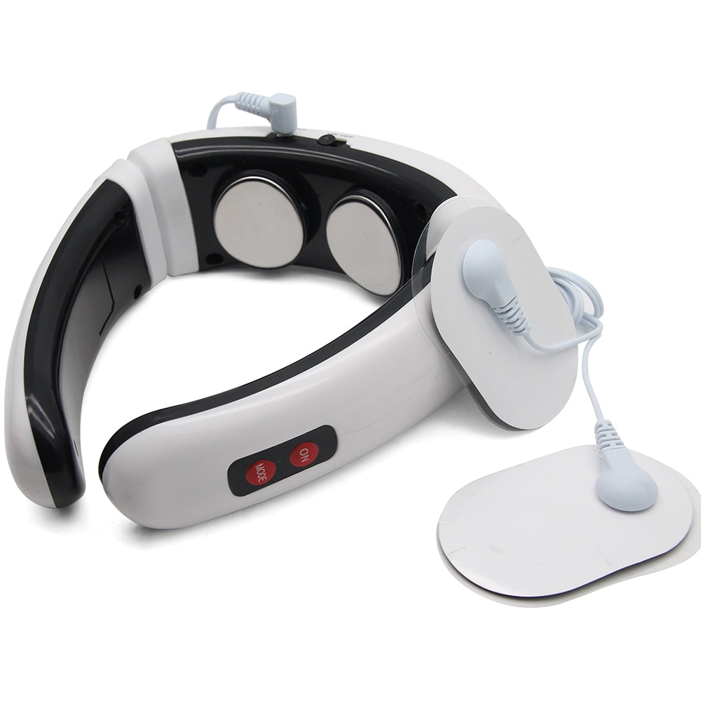 Electric Pulse Back and Neck Massager with massager pads and wire, designed for pain relief and relaxation.