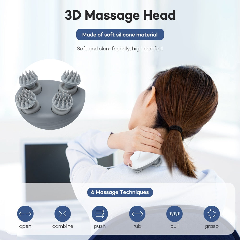 Electric Scalp Head Massager in white color, designed for relaxation and stress relief, featuring a soft silicone 3D massage head.
