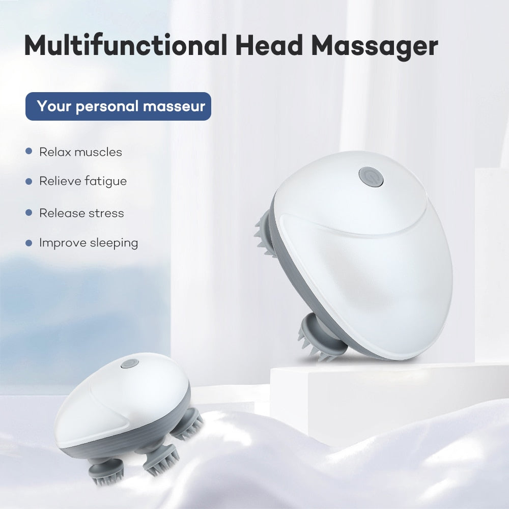 Electric Scalp Head Massager in white color, designed for relaxation and stress relief, featuring a soft silicone 3D massage head.