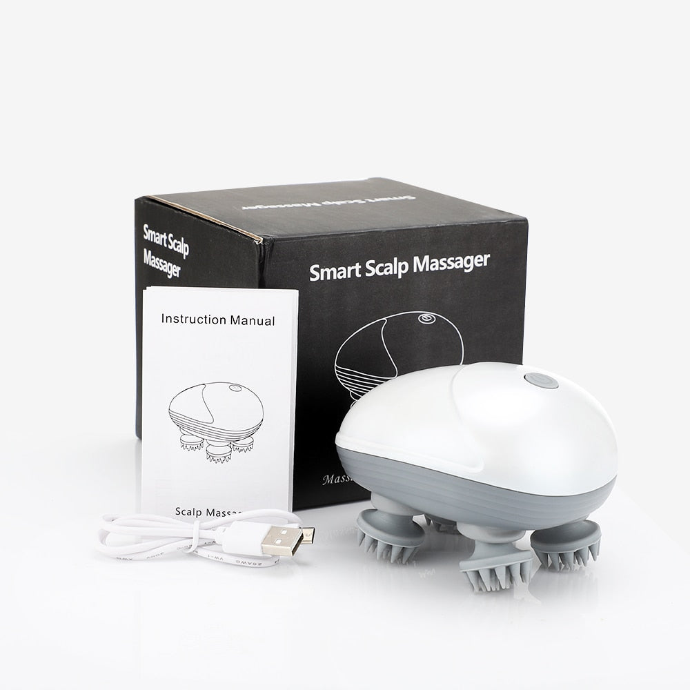 Electric Scalp Head Massager in white color, designed for relaxation and stress relief, featuring a soft silicone 3D massage head.