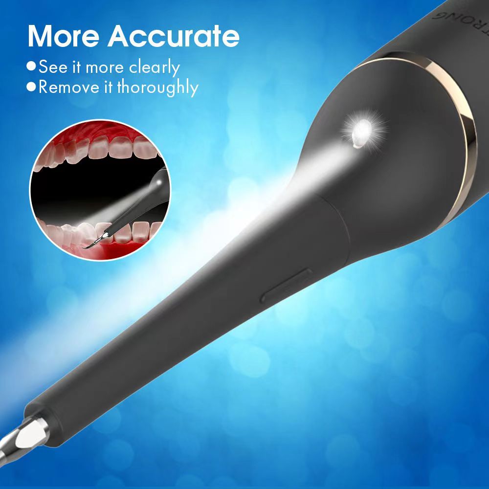 Electric Sonic Dental Scaler with LED light, featuring multiple cleaning heads and a sleek design for effective tooth cleaning.