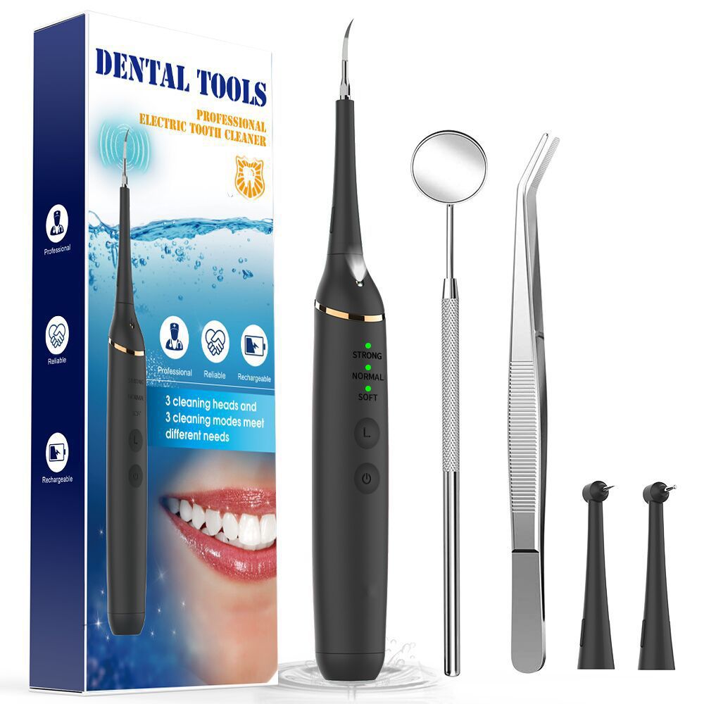 Electric Sonic Dental Scaler with LED light, featuring multiple cleaning heads and a sleek design for effective tooth cleaning.