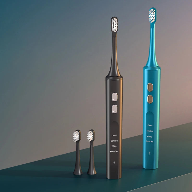 Electric Sonic Toothbrush with inductive charging base and two replaceable heads, showcasing its sleek design and modern features.