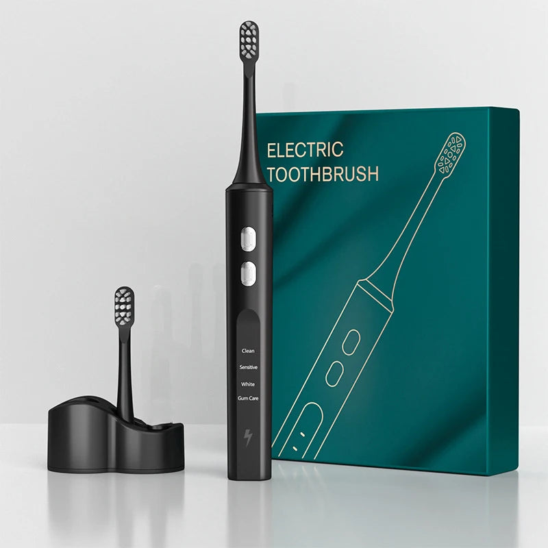 Electric Sonic Toothbrush with inductive charging base and two replaceable heads, showcasing its sleek design and modern features.