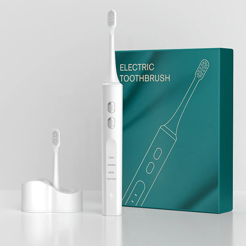 Electric Sonic Toothbrush with inductive charging base and two replaceable heads, showcasing its sleek design and modern features.