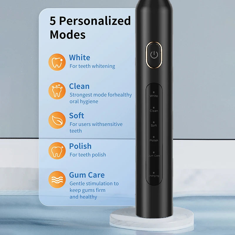 Electric Sonic Toothbrush with multiple modes and sleek design, featuring Dupont nylon bristles and waterproof body.