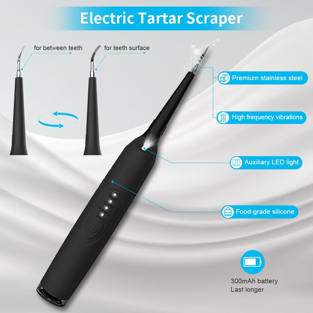 Electric Tooth Cleaner Sonic Dental Scaler with LED light, mouth mirror, and tongue scraper, designed for effective teeth whitening and plaque removal.