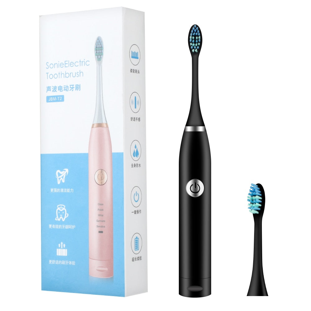 Electric toothbrush with timer and replacement heads, designed for effective teeth whitening and oral care.