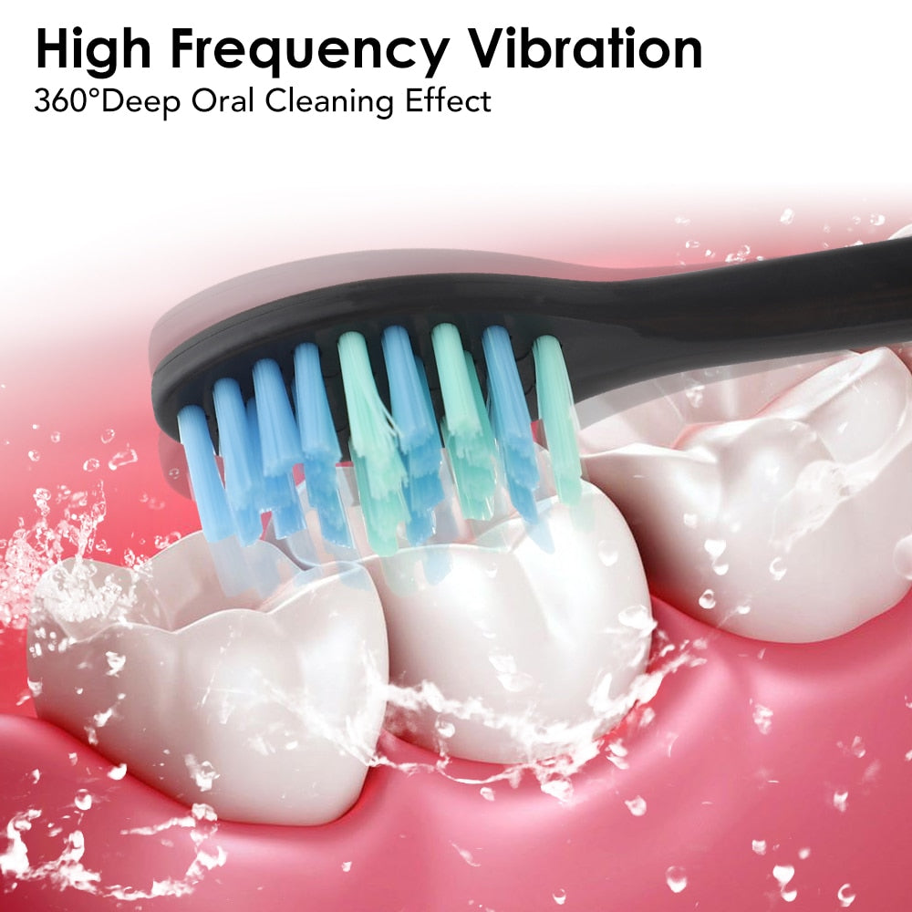 Electric toothbrush with timer and replacement heads, designed for effective teeth whitening and oral care.