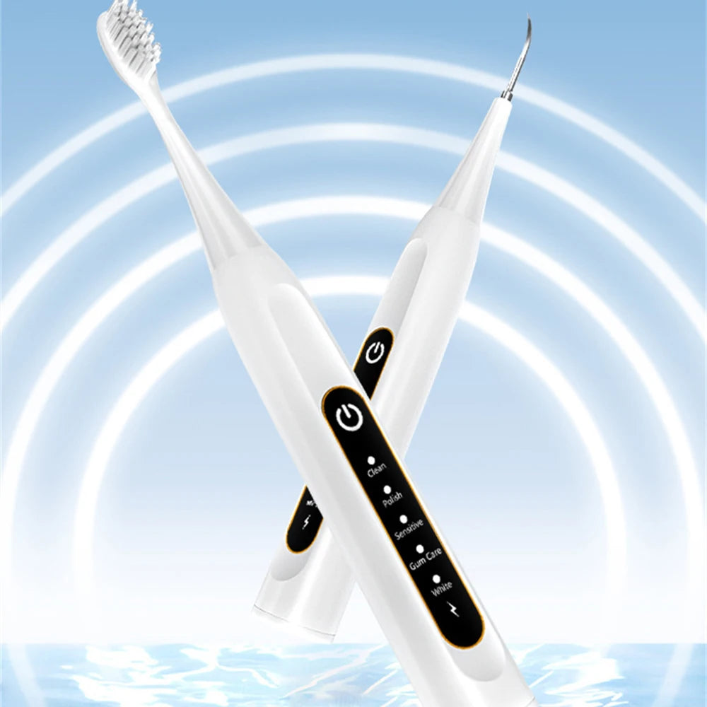 E8 Multifunctional Electric Toothbrush with charging base and accessories, featuring a sleek design in white and black.