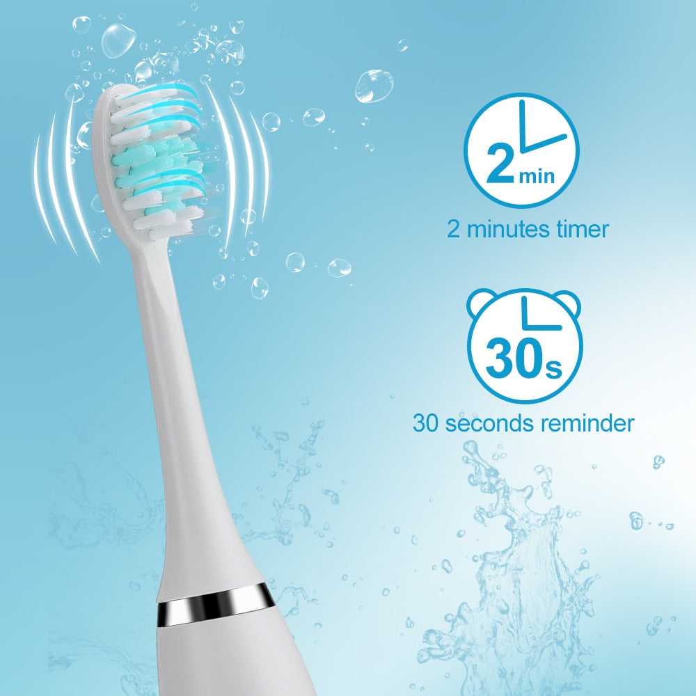Electric Toothbrush Sonic Tooth Brush for Adults with five interchangeable heads and USB charging capability, showcasing its sleek design and features.